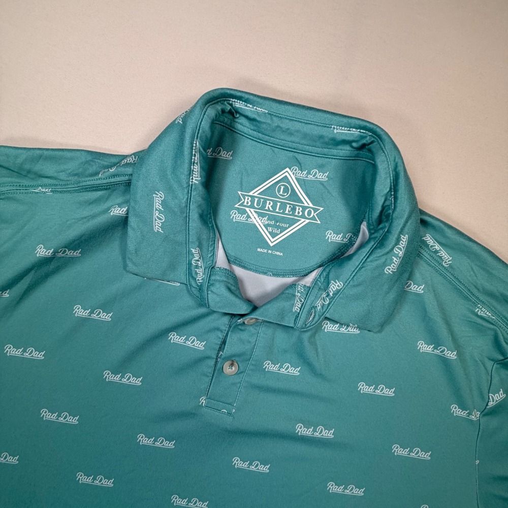 Burlebo Rad Dad Performance Polo Shirt Mens Large Teal Green AOP Golf 0436